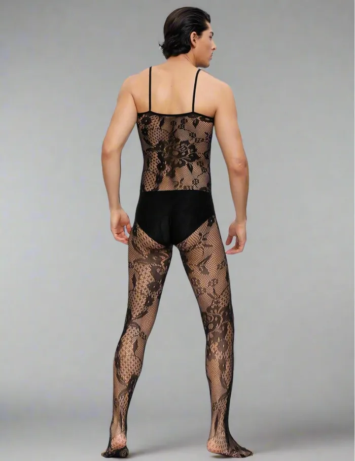 Bodystockings Playsuits Floral Spaghetti Strap Bodystocking Seductive Fishnet Floral Pattern by Scandals Scandals Menswear