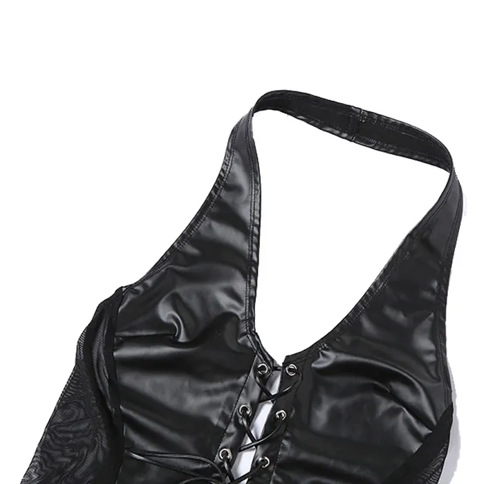 Female Sex Toys EVEs SECRETS Sexy Black Mini Dress for Ladies PU Leather Dress with LaceUp Hollow Open Back