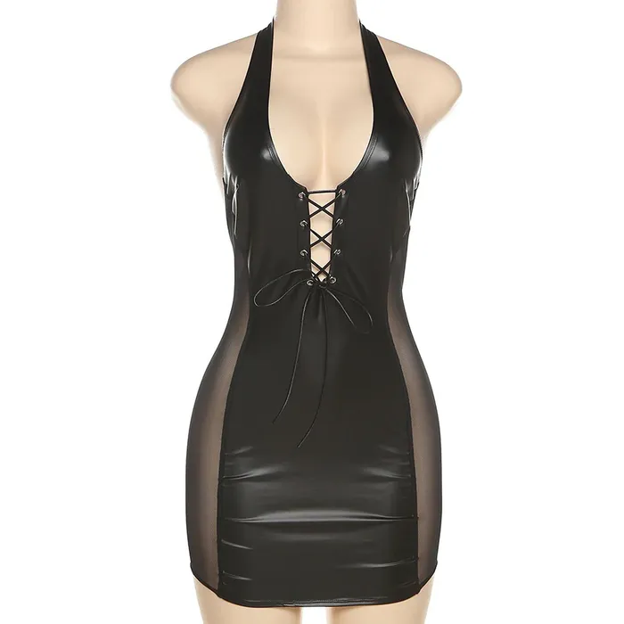 Female Sex Toys EVEs SECRETS Sexy Black Mini Dress for Ladies PU Leather Dress with LaceUp Hollow Open Back