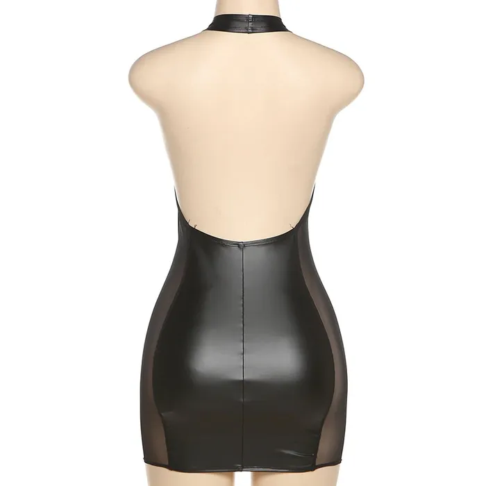 Female Sex Toys EVEs SECRETS Sexy Black Mini Dress for Ladies PU Leather Dress with LaceUp Hollow Open Back