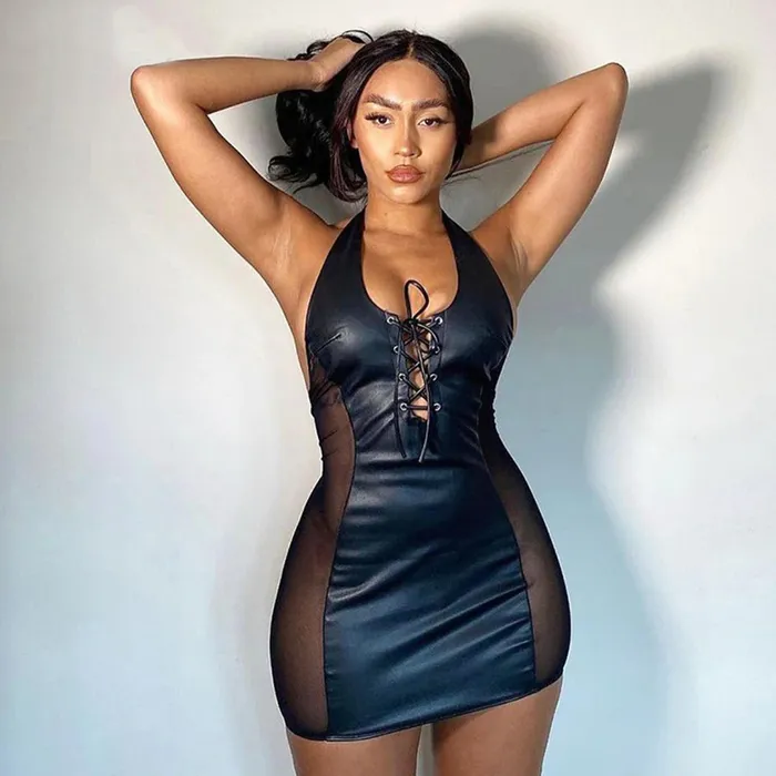 Female Sex Toys EVEs SECRETS Sexy Black Mini Dress for Ladies PU Leather Dress with LaceUp Hollow Open Back