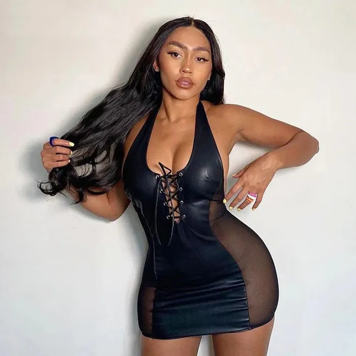 Female Sex Toys EVEs SECRETS Sexy Black Mini Dress for Ladies PU Leather Dress with LaceUp Hollow Open Back